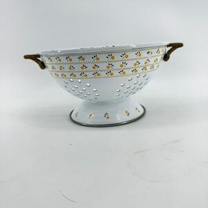 Vintage Enamel Colander Kitchen White Yellow Floral Brass Handles Farmhouse